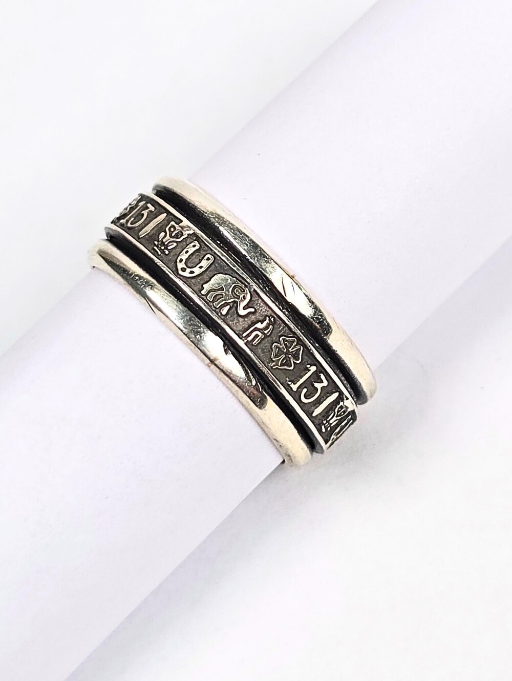 Spinner Ring Rotating Center Wide Band 925 Sterling Silver Good Luck Simbols #11